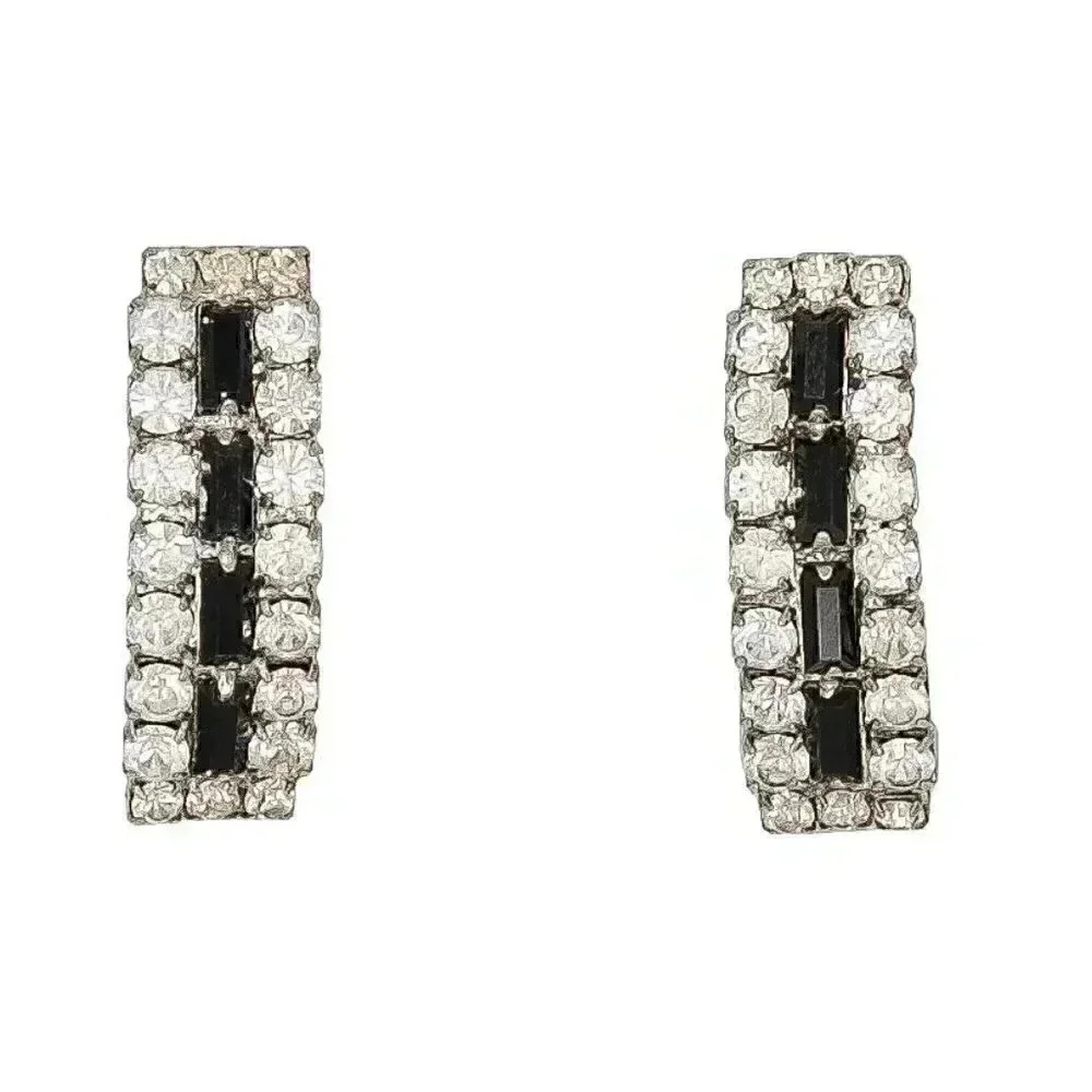 Vintage Black White Rhinestone Rectangle Stud Earrings Formal Evening Earrings